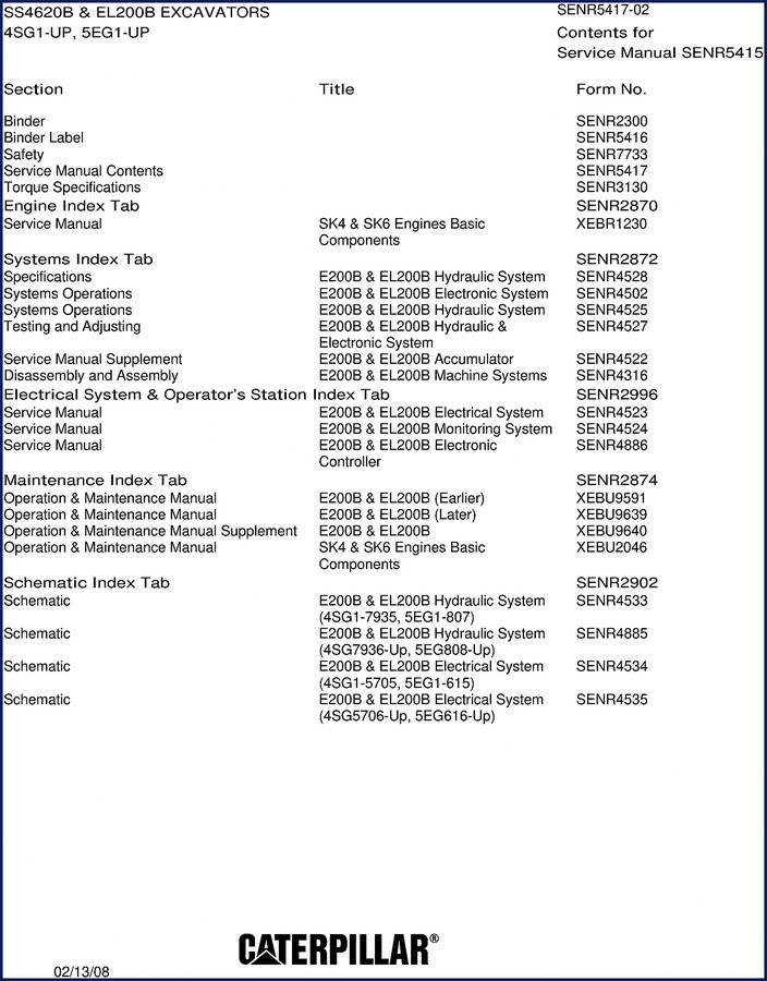 caterpillar el200b ss4620b sk4 sk6 205 2008 technical, caterpillar manual, caterpillar el200b