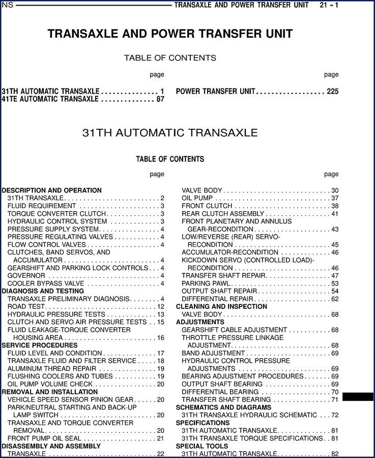 chrysler 31th/41te transmission service manual, service manual, 31th/41te