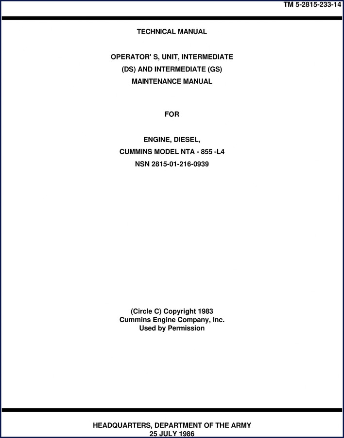 Cummins NTA-855-L4 1986 Technical Manual – OEM Army Specs