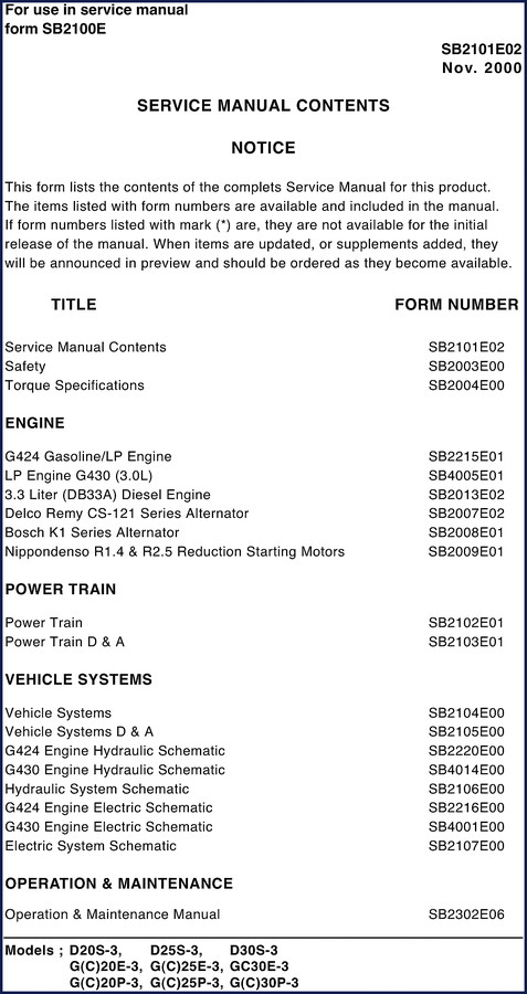 daewoo d20s d25s d30s g(c)20e g(c)25e 2000 service, daewoo service manual, daewoo d20s