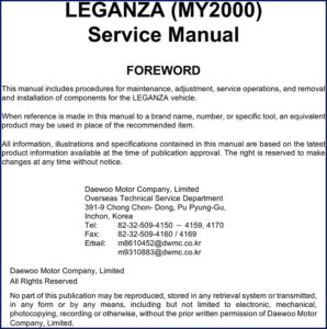 Daewoo Leganza 2000 Service Manual – 2487 Pages OEM Factory Specs – OEM Service Manual