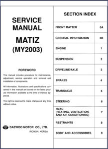 daewoo matiz 2003 service manual, daewoo service manual, daewoo matiz