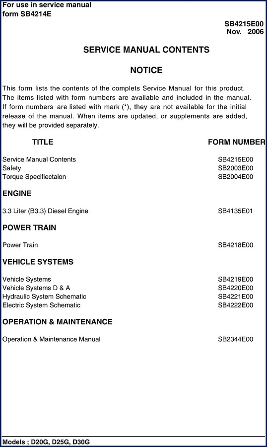 doosan d20g, d25g, d30g 2006 service manual, doosan service manual, doosan d20g,