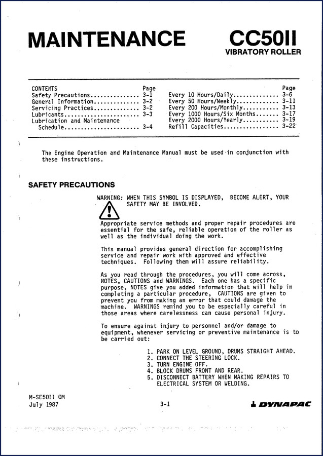 Dynapac CC50II 1987 Service Manual – OEM Maintenance Specs
