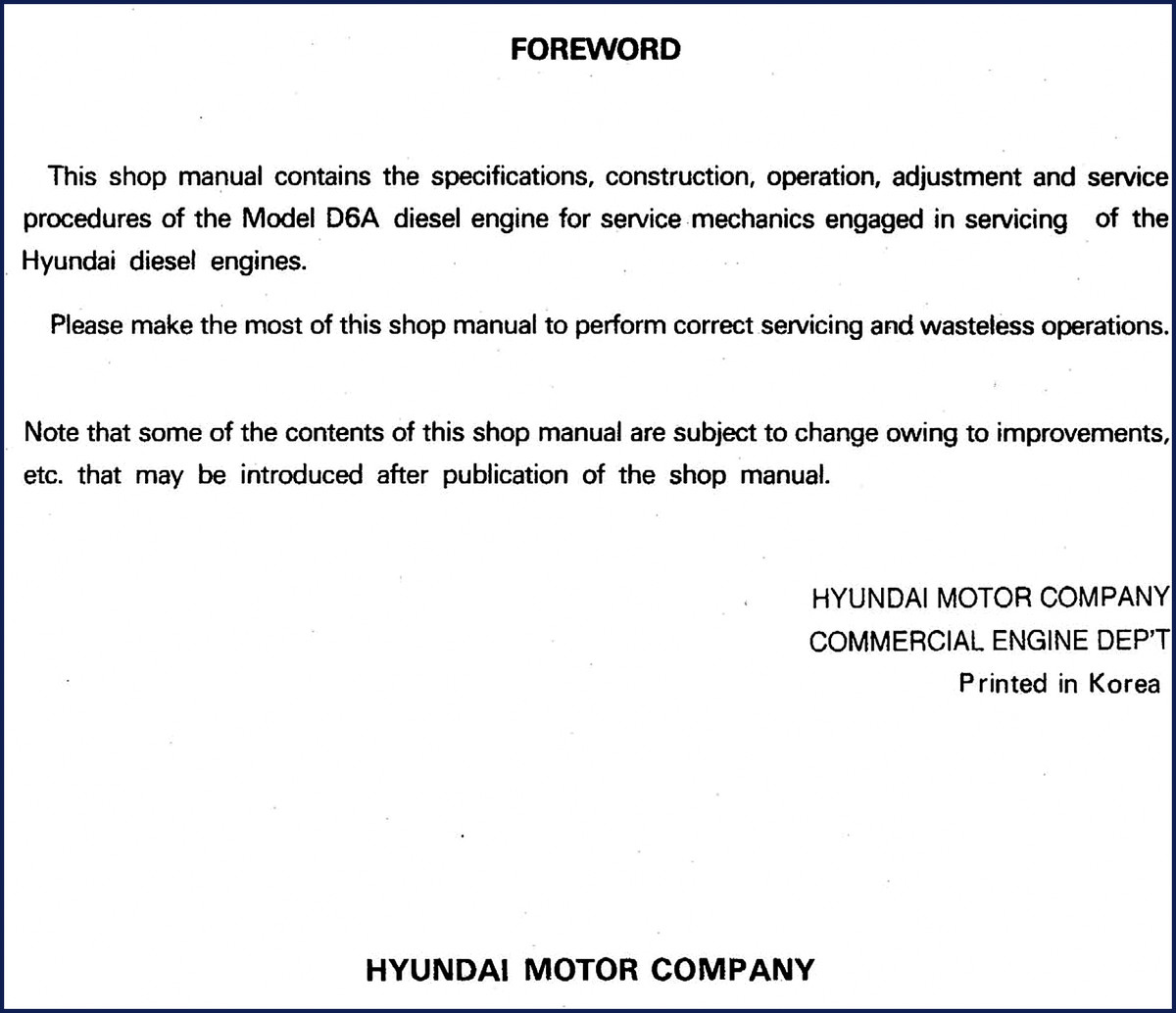 hyundai d6a workshop manual, hyundai workshop manual, hyundai d6a