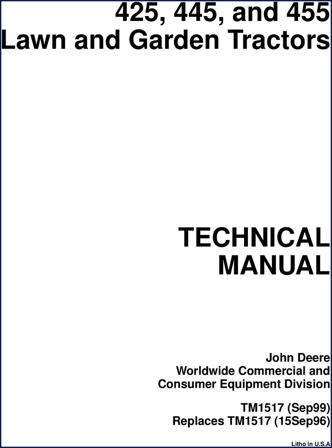 john deere 425, 445, 455 1999 technical manual, john deere manual, john deere deere
