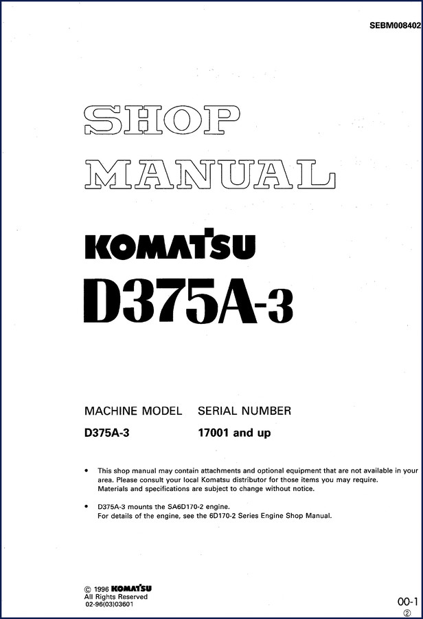 Komatsu D375A-3 1996 Workshop Manual – 781 Pages of Factory Specs – OEM Service Manual