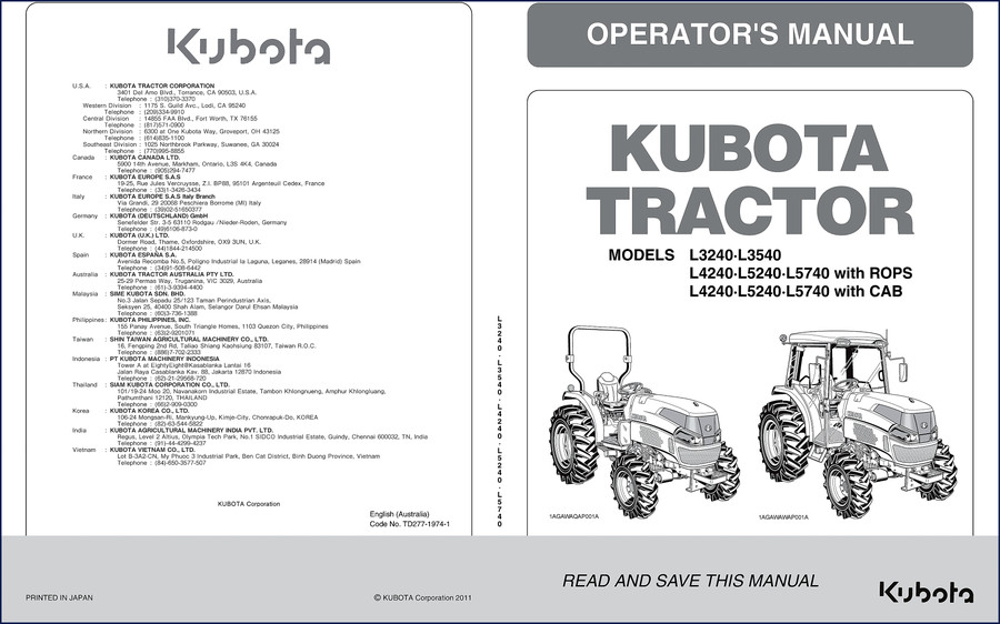 kubota l3540 l5240 l5740 l3240 2011 operators manual, kubota manual, kubota l3540