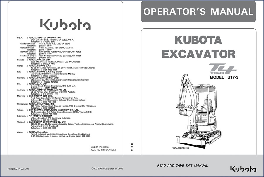 kubota u17, kubota manual