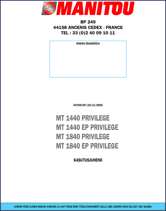 manitou mt 1440/1840 privilege 2008 operators manual, manitou manual, manitou mt