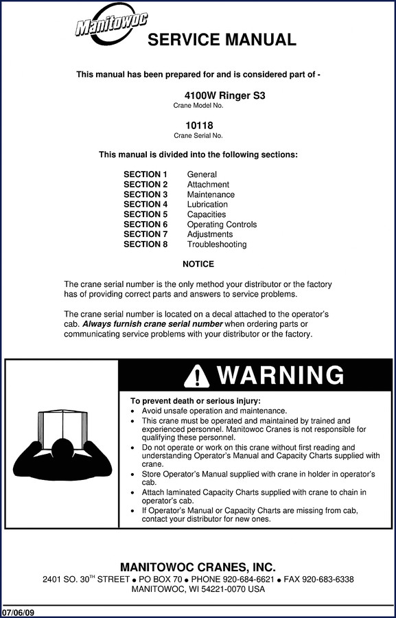 manitowoc 4100w ringer s3 2009 service manual, manitowoc service manual, manitowoc 4100w