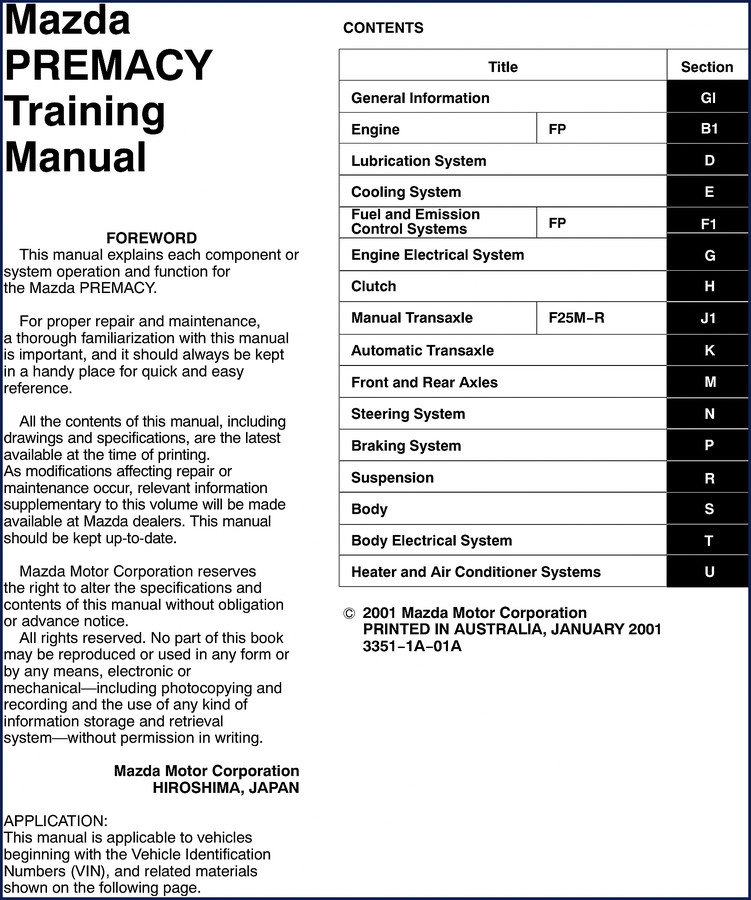 mazda 626, 323, premacy 2001 training manual, mazda manual, mazda 626,