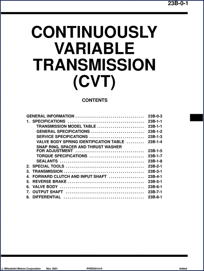Mitsubishi Motors F1C1A 2001 Technical Manual – CVT Factory Specs – OEM Service Manual