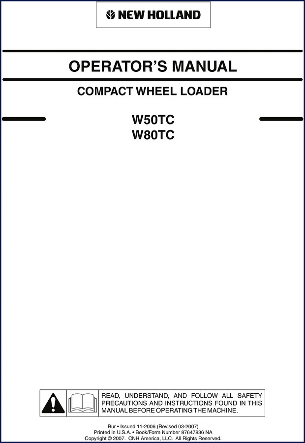 new holland w50tc, w80tc 2007 user manual, new holland manual, new holland holland