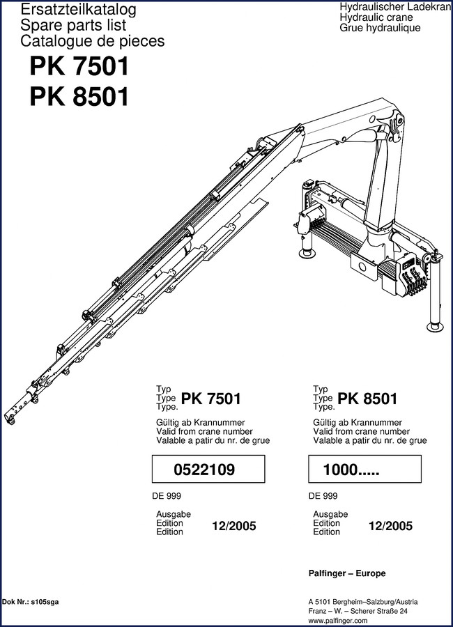 palfinger pk 7501, pk 8501 2005 parts catalog, palfinger parts catalog, palfinger pk