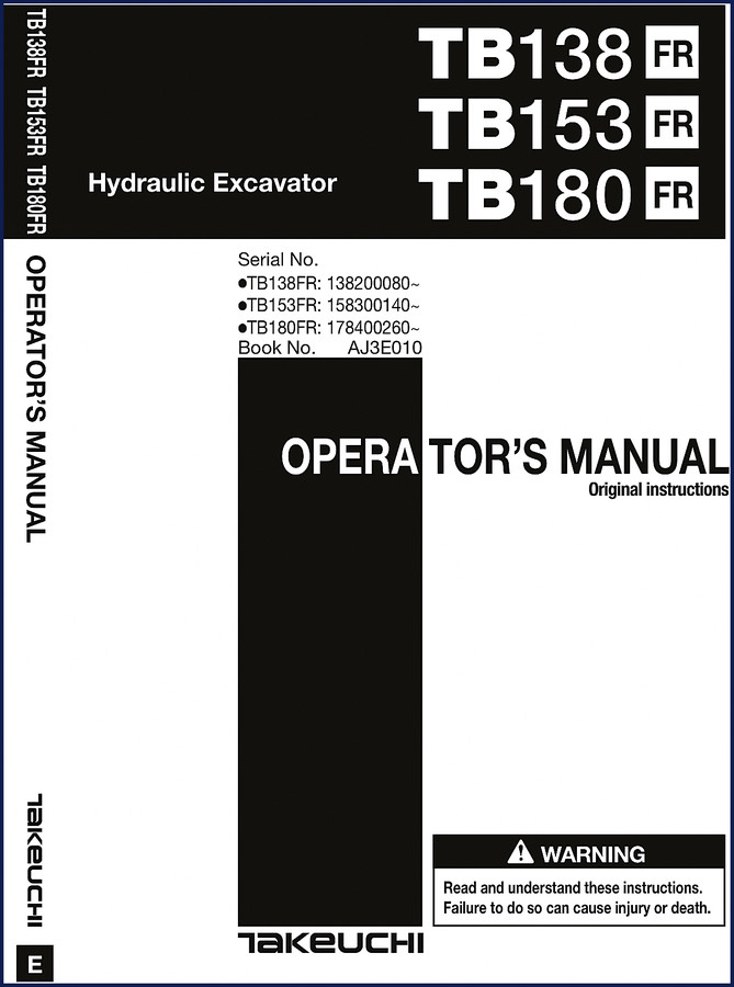 takeuchi tb180fr, tb138fr, tb153fr operators manual, takeuchi manual, takeuchi tb180fr,