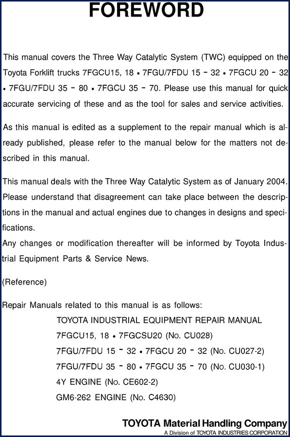2004 toyota forklift service manual 7fgcu15 7fgu 7fdu, service manual, toyota