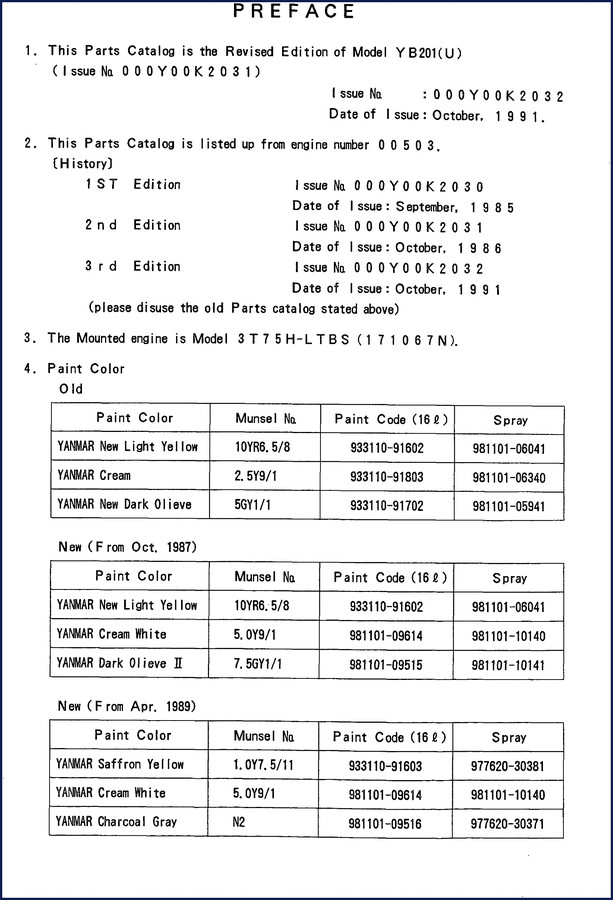 yanmar yb201 1991 parts catalog, yanmar parts catalog, yanmar yb201