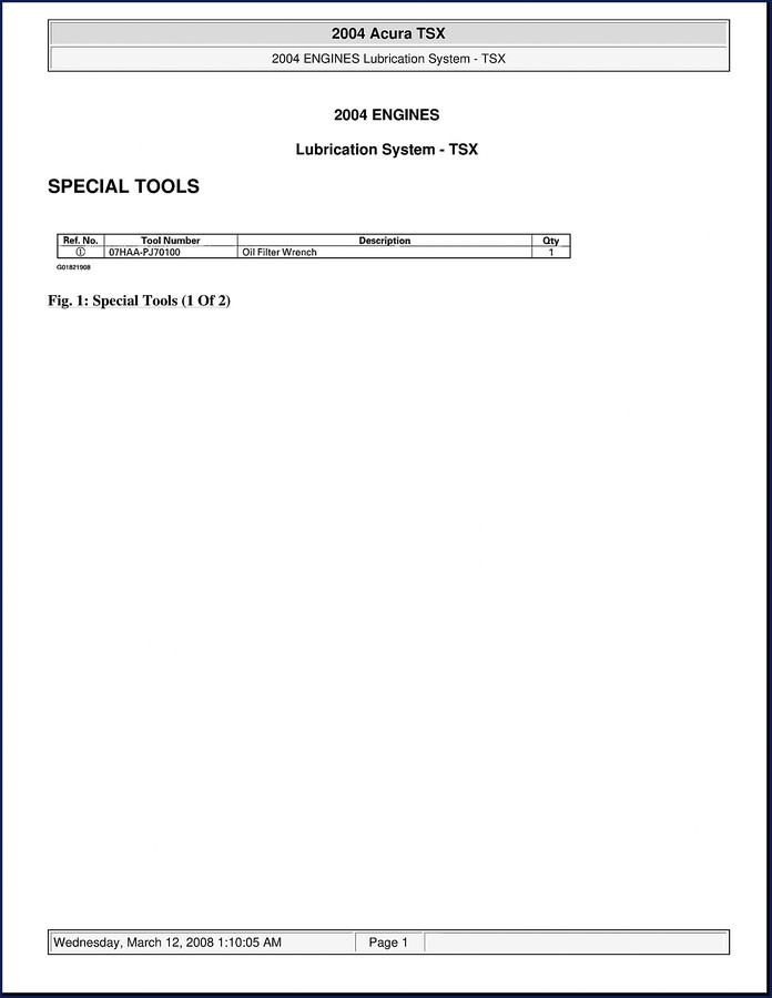 2004 Acura TSX OEM Service Manual cover - lubrication system component index