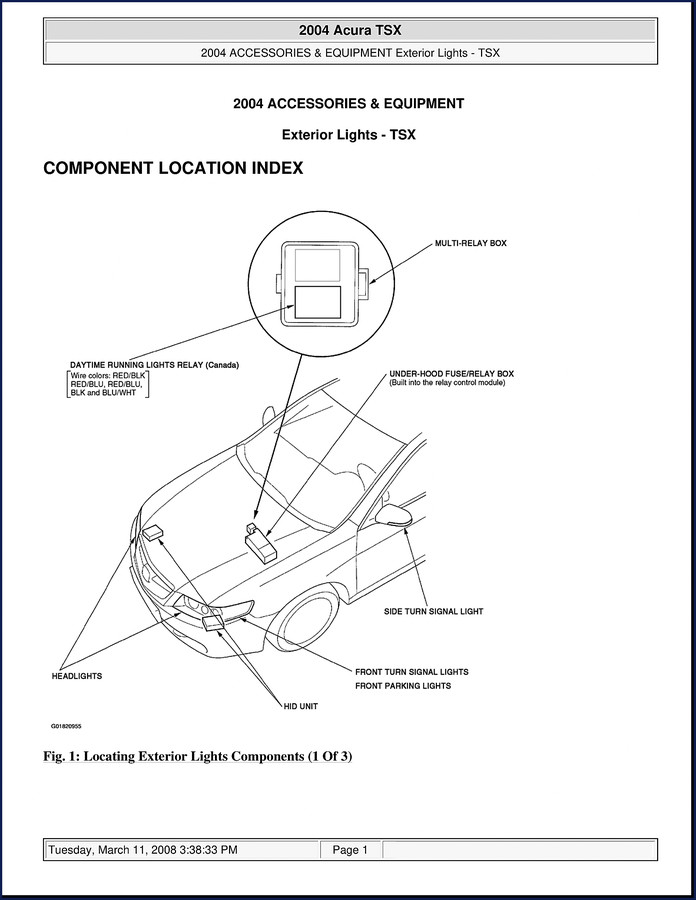 2004 Acura TSX Service Manual cover showing exterior lights index and brake circuit diagram