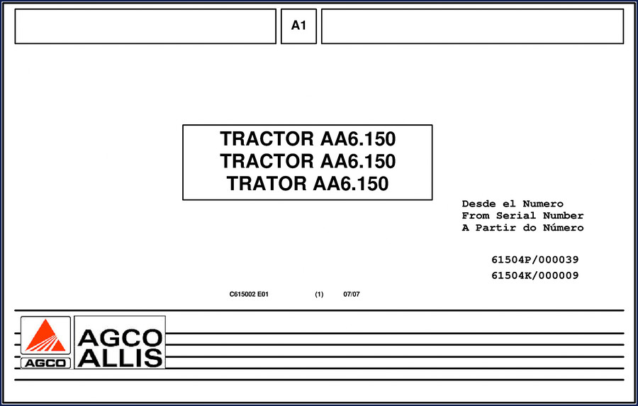 Cover of AGCO Allis AA6.150 2007 Parts Catalog showing tractor model and serial number range