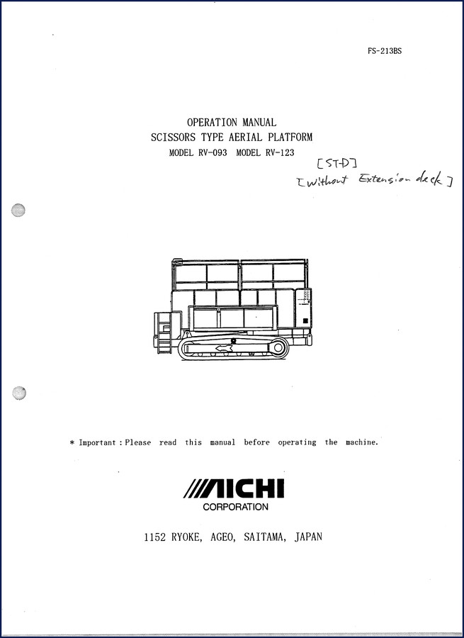 Aichi RV-093 and RV-123 Operators Manual cover - factory OEM scissor lift documentation