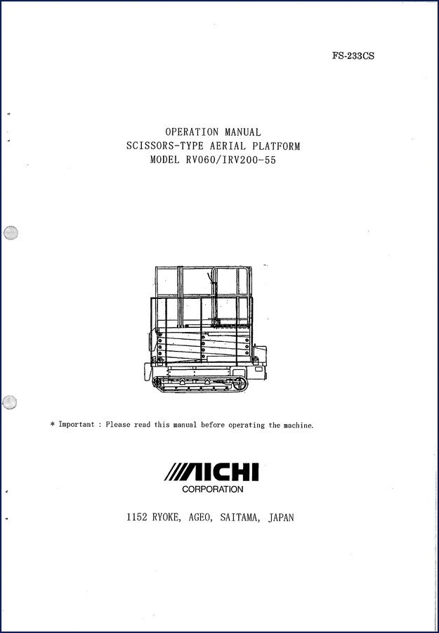 Aichi RV060 and IRV200-55 Scissors Type Aerial Platform Operators Manual cover page showing machine diagram
