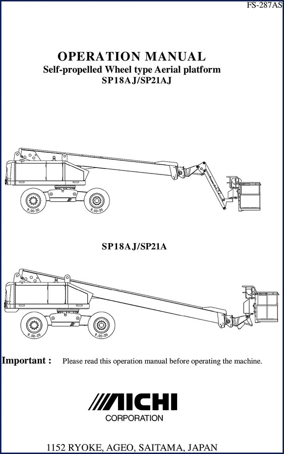 Aichi SP18AJ, SP21AJ, ISP60J, ISP70J operators manual cover page showing self-propelled wheel aerial platform