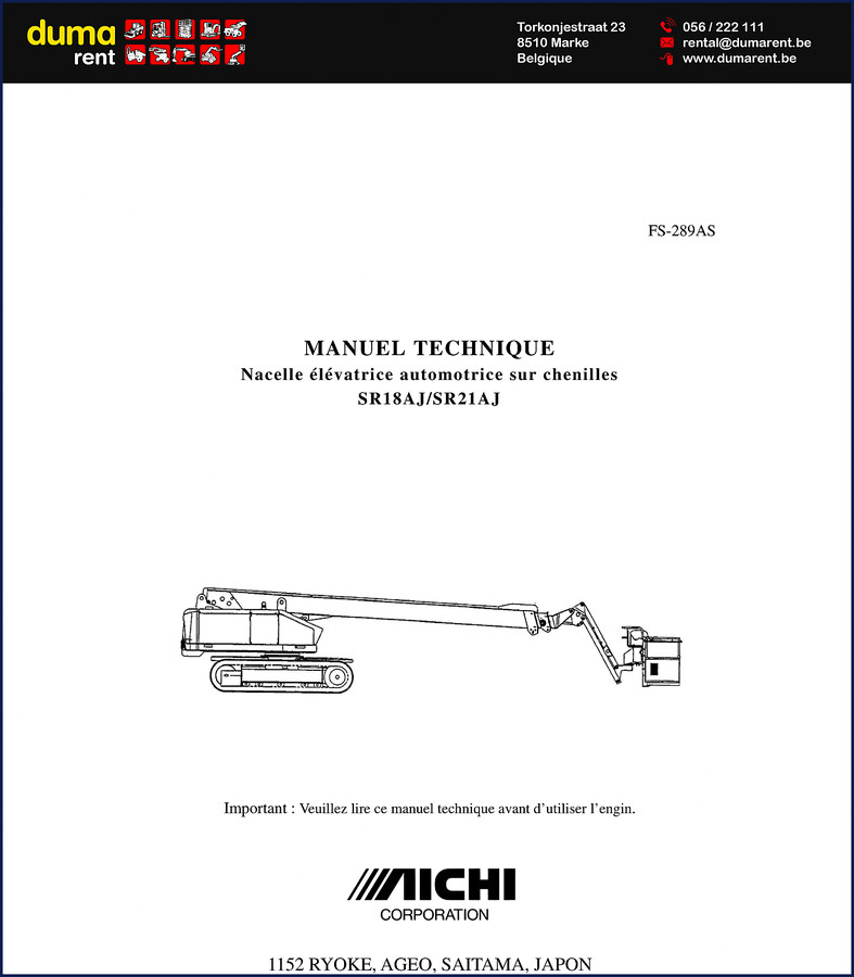Aichi SR18AJ technical manual cover showing factory specifications for tracked aerial lift