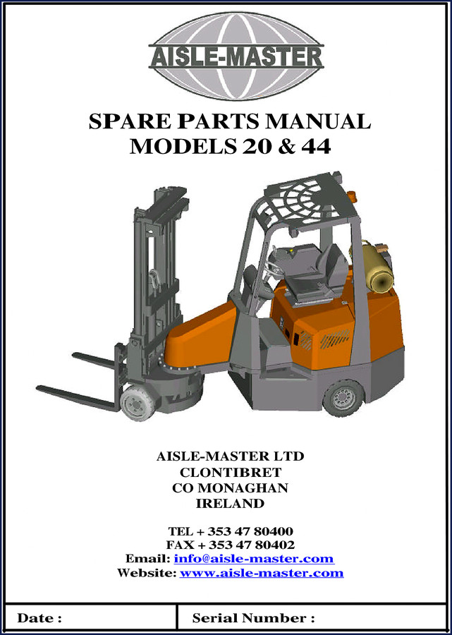 Aisle-master 20 and 44 Parts Catalog cover – official OEM spare parts manual for Aisle-master forklifts