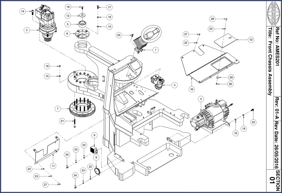 2016 Aisle Master AMES201/AMEM201.1 Parts Catalog front cover showing front chassis assembly