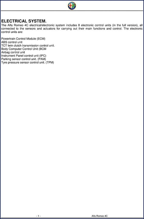 Alfa Romeo 4C electrical system technical manual cover – 74 page factory document