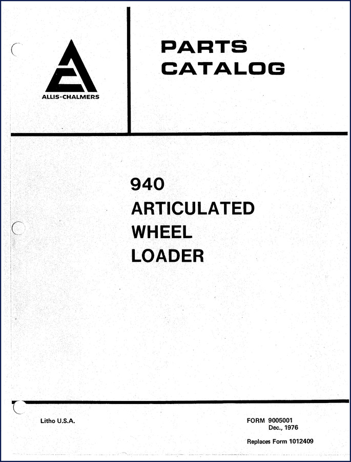 Allis-Chalmers 940 1976 Parts Catalog cover page showing wheel loader illustration