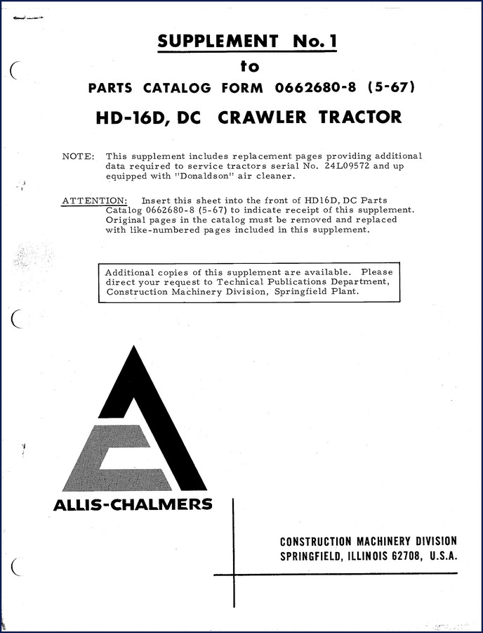 Allis-Chalmers HD16D HD16DC 1970 parts catalog cover