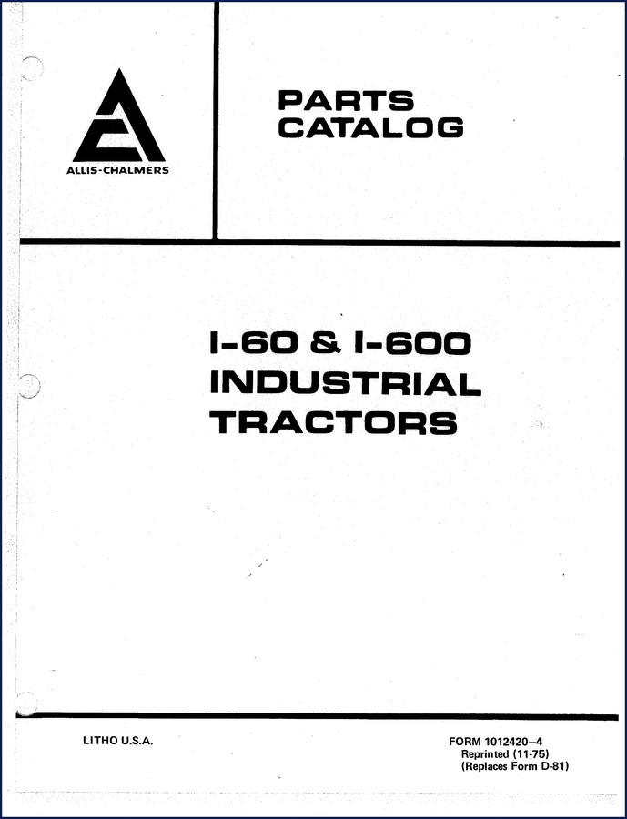 1975 Allis-Chalmers I-60 I-600 Industrial Tractor Parts Catalog cover