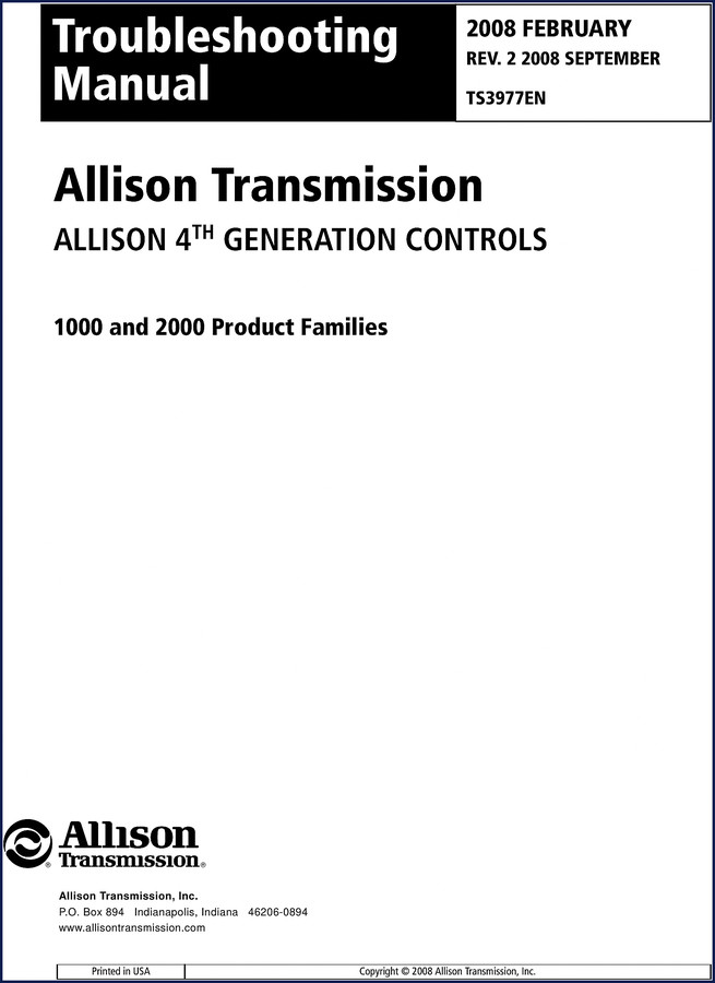 Allison 1000 2000 2008 Troubleshooting Manual cover showing transmission cutaway