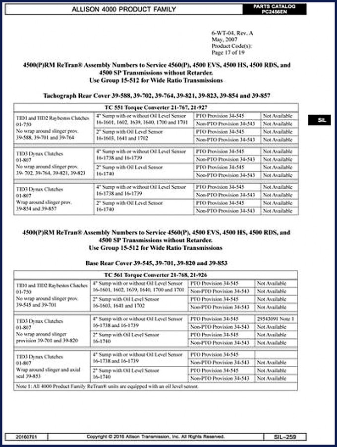 Allison 4560 4500 2016 Parts Catalog cover – OEM factory document 323 pages