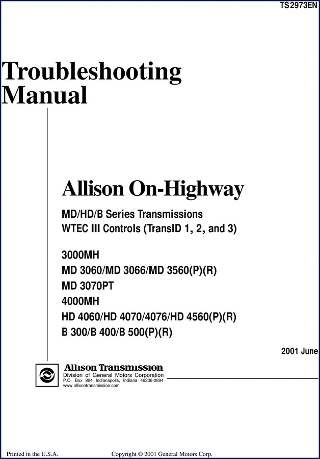 Allison MD 3060 troubleshooting manual cover 2001