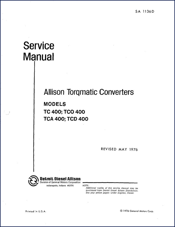 1976 Allison TC 400 TCO 400 TCA 400 TCD 400 Service Manual cover - OEM factory document