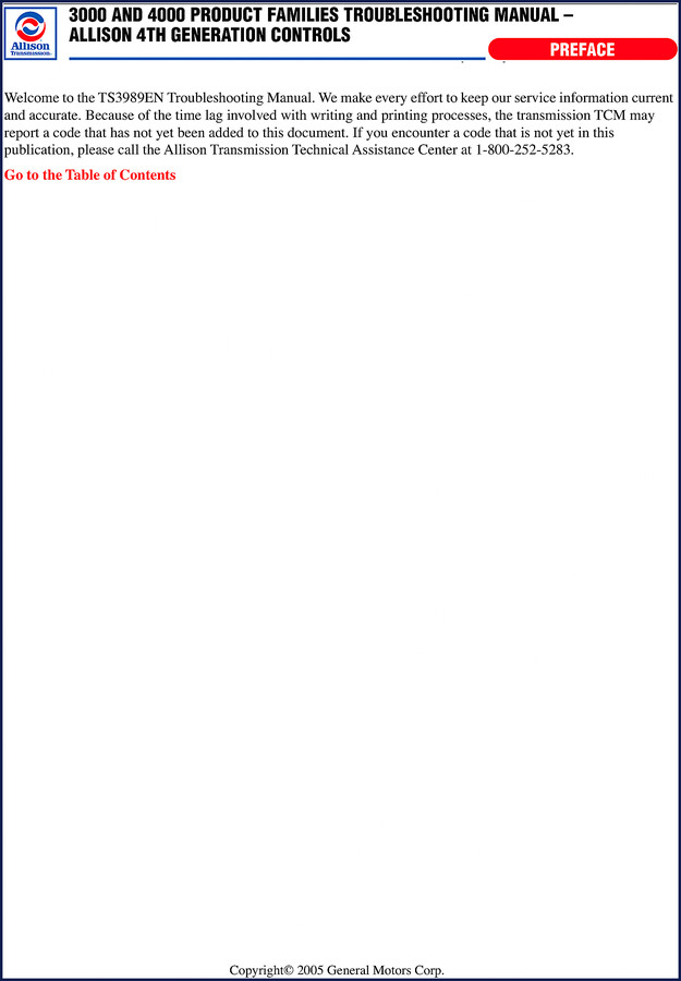 Allison Transmission 3000 4000 4500 Troubleshooting Manual 2005 cover page showing 3000 and 4000 product families