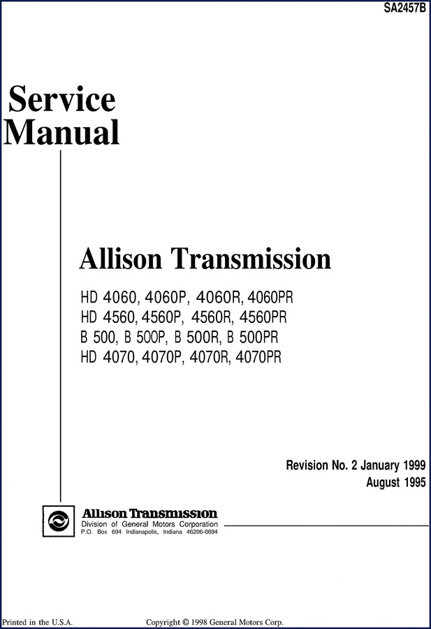 Allison Transmission HD 4060/4560 1999 Service Manual cover showing transmission cutaway