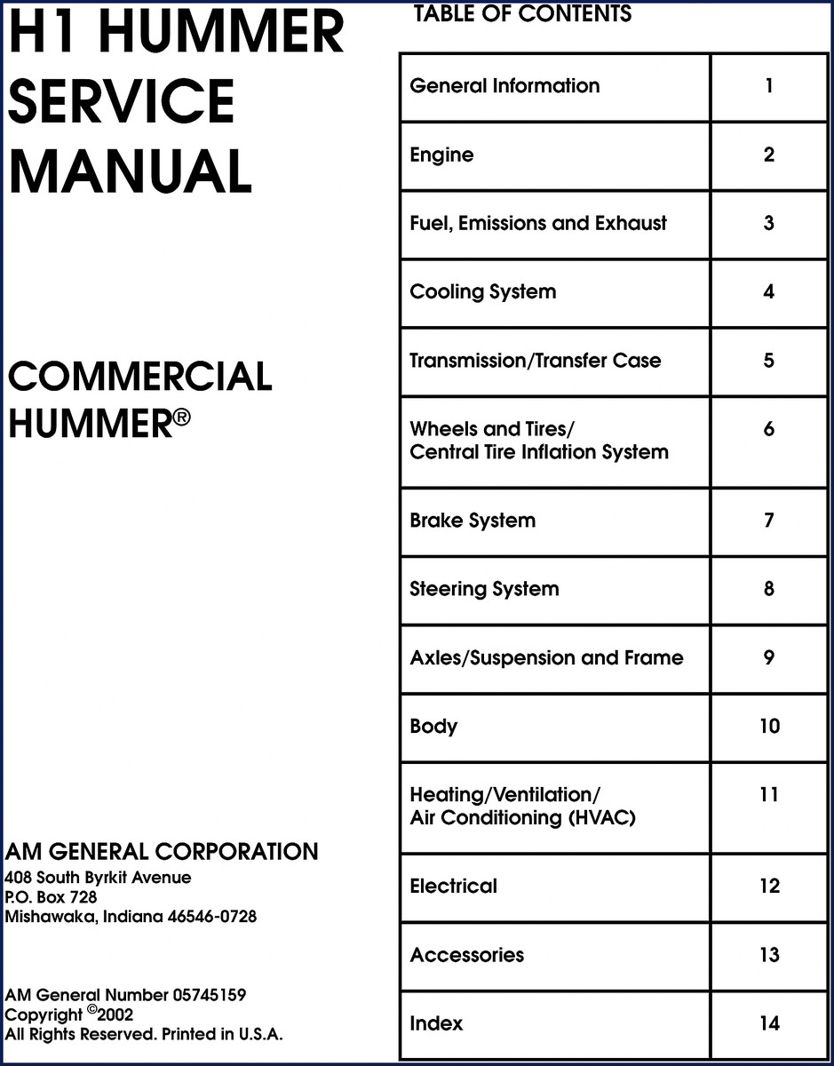 AM General Commercial Hummer 2002 Service Manual cover showing Hummer SUV and title