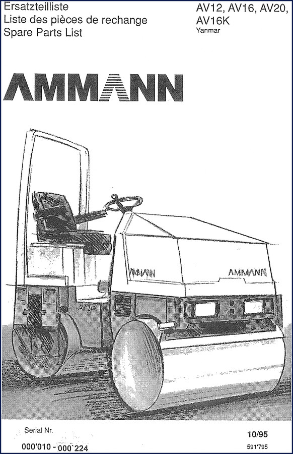 1995 Ammann AV12 AV16 AV16K AV20 Parts Catalog cover – 144 pages OEM factory spare parts list