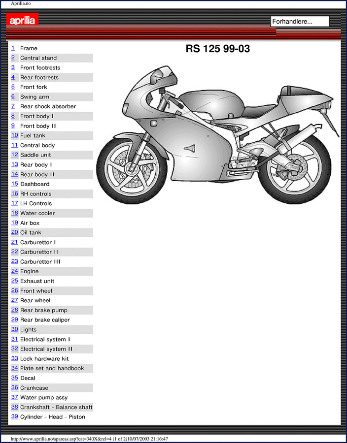 Aprilia RS 125 2003 Parts Catalog cover
