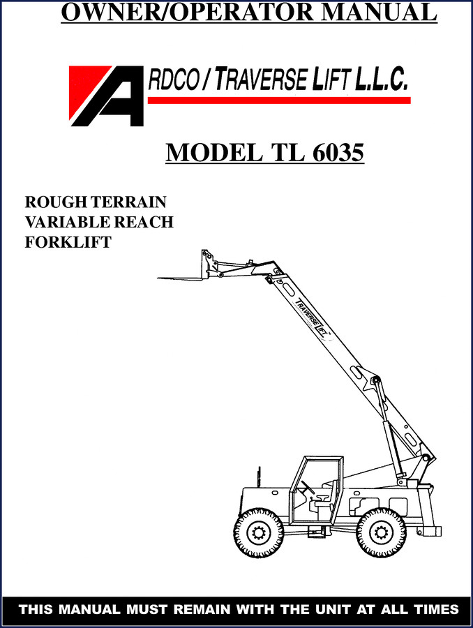 Ardco/traverse Lift TL-6035 2000 Operators Manual cover page showing model and rough terrain forklift