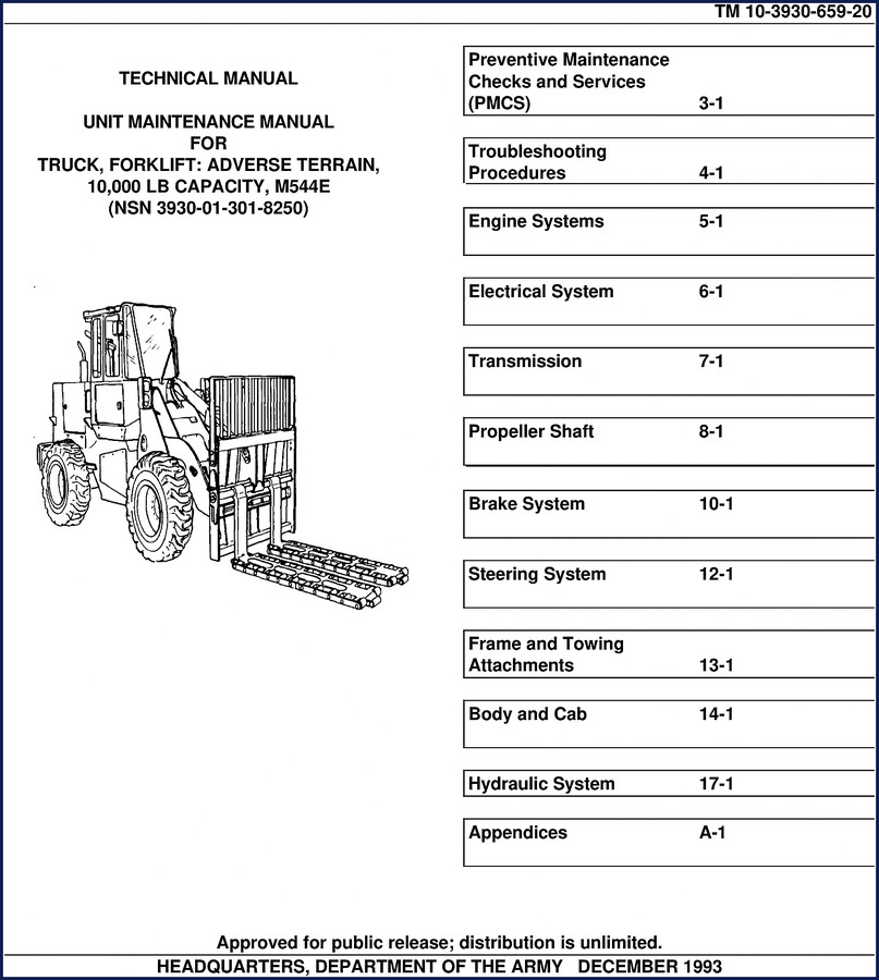 Department Of The Army M544E 1993 Technical Manual - 10,000 lb capacity forklift unit maintenance manual cover