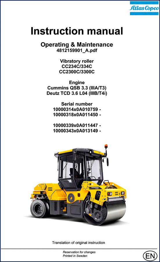 Atlas Copco 3300C Operators Manual - factory operating and maintenance instructions for CC234C, 334C, CC2300C, 3300C vibratory rollers