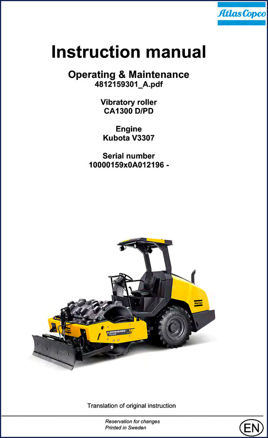 Atlas Copco CA1300 D/PD 2015 Operators Manual cover showing vibratory roller