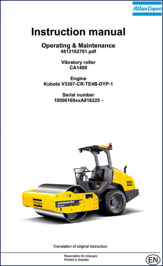 Atlas Copco CA1400 2016 Parts Catalog cover showing vibratory roller and Dynapac branding