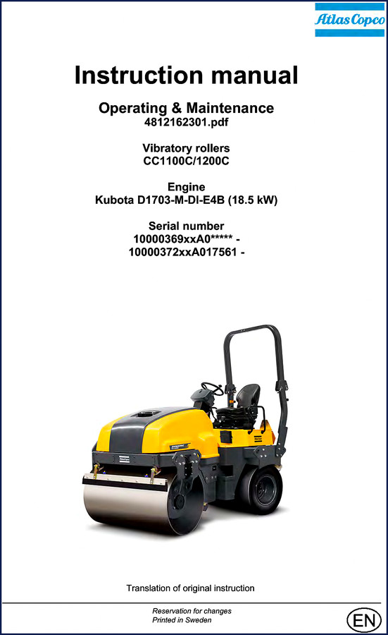 Atlas Copco CC1100C and 1200C operators manual cover showing vibratory roller